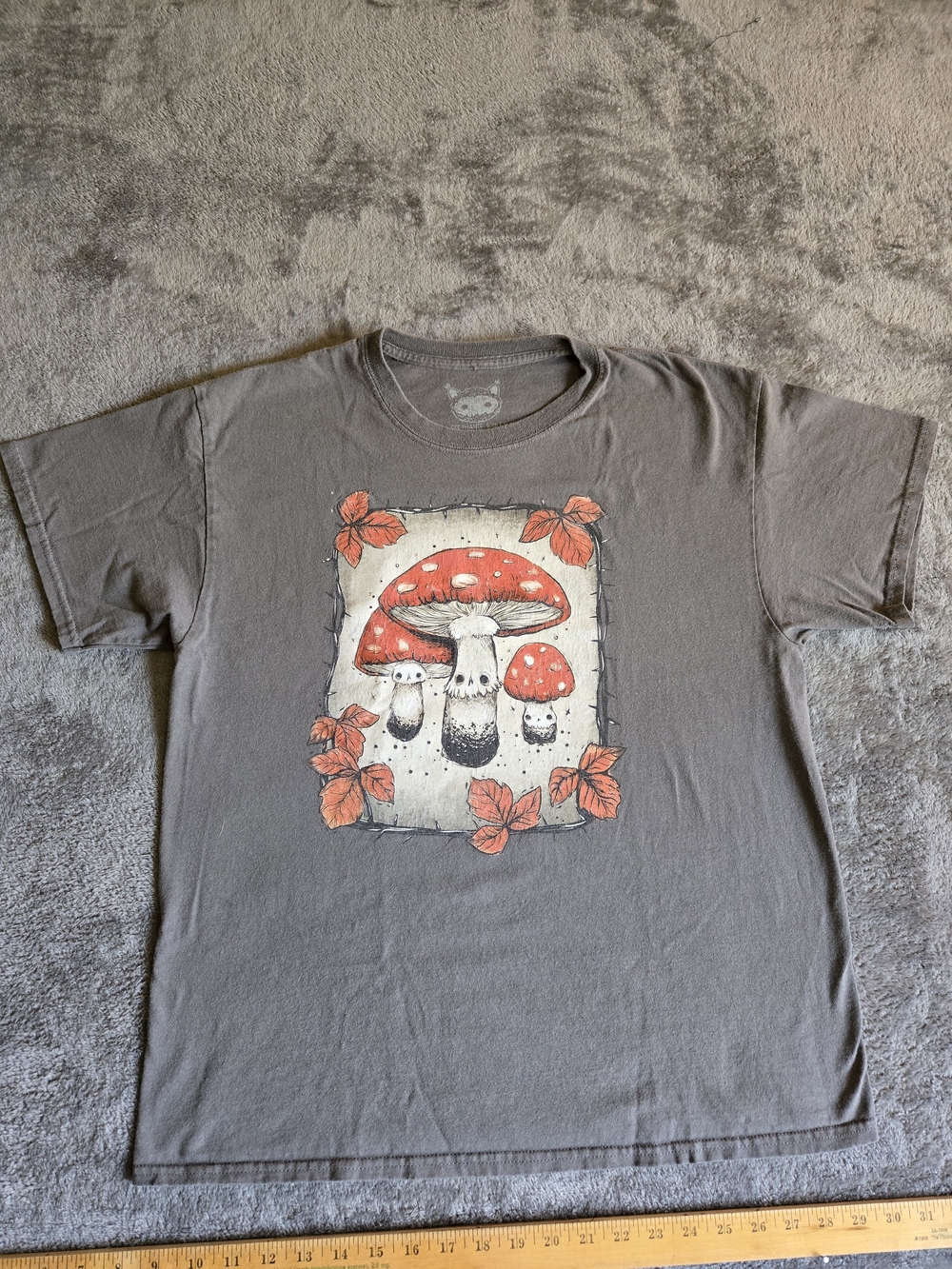 Gray Short-Sleeve Tee with Red Mushroom Graphic